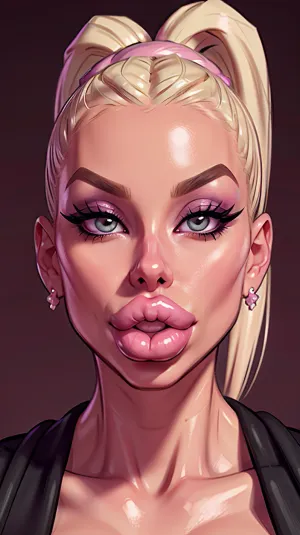 A 여성 with high-quality AI created 포르노 사진 과 거대한 fakelips, 높은 상세한 bimbo 립스틱, ponytail hairstyle, 과 거대한 fakelips
