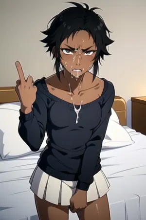 1 girl, tomboy, abigail jones, hair, dark skinned, tomboyish, middlefinger, fuck you, naked, cumshot, cum on face, semen, cum on body, on bed, throwing middlefinger, annoyed, pissed off looking, <lora:AbigailJonesv2:.5>, <lora:middlefinger-10:.5>, <lora:cumfacial55_v2:.5>, <lora:cumshot_49:.5>, <lora:MidFing:.5>