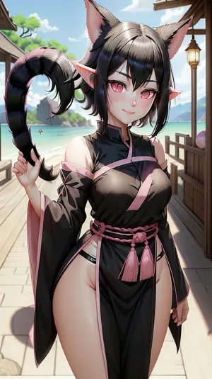 In a far-off land, there lived a beautiful woman with black hair and pink eyes. She had a white haori on her shoulders and was smiling at the viewer. Her ears were pointed and she had long, flowing tail that moved gracefully