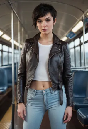 Resimdeki kadın siyah deri ceket ve bacak takmak, saçları dağınık bir otobüsle bağlı. Yüzünde freskler var ve 5'9'da uzun duruyor. Onun ifadesi hiperrealisttir, onunla
