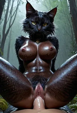 The woman was a tall, dark-furred cat with intense eyes and a long tail. She had an anthropomorphic body with feline features such as a long tail and large ears. Her pussy was wet and open, revealing her furry cli
