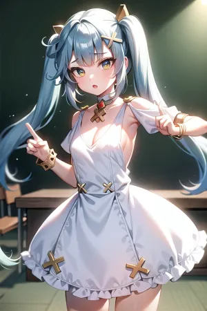 A menina com cabelo longo e um ombro nu entrou na sala de aula, vestindo um vestido curto com ombros recortados. Ela tinha gémeas e pulseiras brancas nos pulsos. Sua pele era lisa e pálida, e ela usava pequenas jóias que
