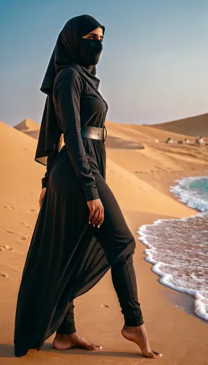 一个带着黑色尼卡布的女人站在一个正在舔脚的年轻女孩面前. 妇人笑曰:"汝有美足. " 那姑娘笑着回了,回答道:"谢谢