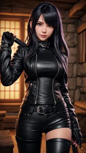 Eine Frau in einem Rocker Outfit mit Lederjacke und Skinny Jeans ist in einer detaillierten und gruseligen Dungeon-Umgebung dargestellt, Tragen Sie Slimes, Geheimnis der Mana, mushoku tensei zusammengeführt mit Dungeons und Drachen cel Schatten Kunst von MSchiffer