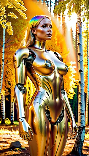 Una mujer se sentó frente a su computadora, rodeada de arco iris y aves. Estaba hipnotizada por la imagen de la AI de un gigante arte de fusión de robots dorados. Los soles brillaban a través de los abedules, echando arco iris sobre