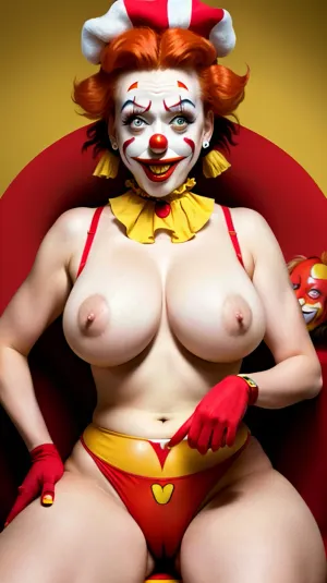Uma alta resolução 8k qualidade AI gerou foto de Ronald McDonald com mamas em alta resolução 8k qualidade, apresentando uma roupa de modelo profissional e corpo completo visível, deixando você mesmerizado e satisfeito