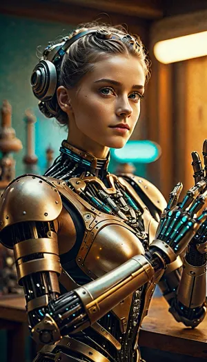 A beautifully crafted Android girl with artificial hands, glides gracefully on rollers