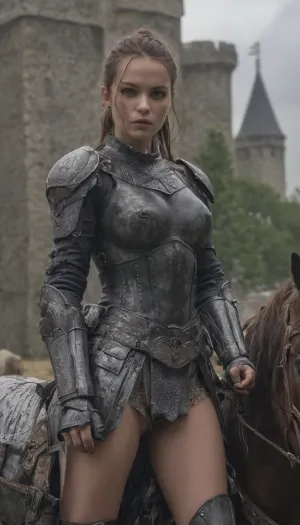 El caballero armado estaba alto y orgulloso, su expresión reflejando una expresión seductora y excitada. Sus pantalones ajustados de cuero acentuaron sus gruesos muslos y definieron pómulos, mientras su corset acentuó su estómago tonificado. Llevaba metal pesado
