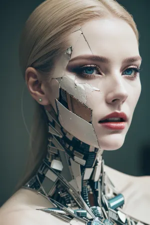 L'androïde cassé se tenait dans le coin de la pièce, son visage en porcelaine brisé et fragile. Son portrait d'art numérique était une belle femme humanoïde aux yeux captivants et un gros plan de son crâne. En regardant de plus près, j'ai
