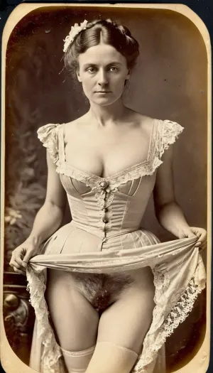 小さなカメラの前でかなりのビクトリア朝の女性が立っていた、彼女のスカートリフトは、美しいグラミーな写真を明らかにします。 完璧な歯と明るい眼を映し出すカメラで笑顔に。 乾燥した版はライトに、おおうこと露出しました