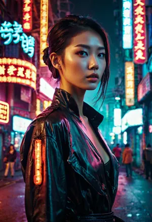 La grande ganteuse dans sa beauté chinoise du 19ème siècle marchait dans la rue éclairée au néon, entourée de gratte-ciel imposant et d'atmosphère fumée. Elle tenait un dispositif lumineux dans sa main, balayant la zone pour tout signe de danger