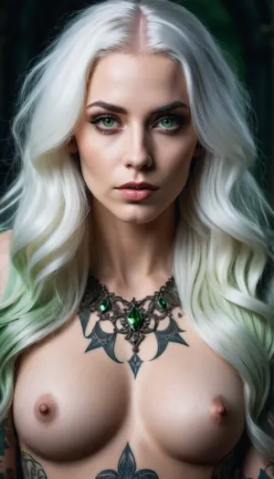Женщина с татуированной принцессой хаоса была фото высокого разрешения с мягким освещением и идеальным телом. У нее были зеленые глаза, длинные белые волосы, и фотография с высоким разрешением, которая была в деталях, что делает ее похожей, что она может быть