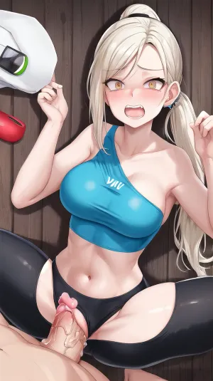 woman, exposed, breasts, scared, expression, open, mouth, clenched, teeth, <lora:scared-expression-v1.8-000005:.5>, wii, fit, trainer, colored, skin, white, ponytail, crop, top, capri, pants, midriff, <lora:wiifit_wiifittrainer-11:.5>, missionarypose, 1boy, penis, lying, missionary, vaginal, <lora:POVMissionary:.5>