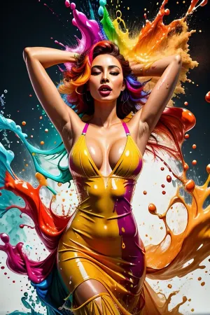 一个穿白色裙子的女人 全身涂料 特征完美 胸部平坦 穿着多色液体
