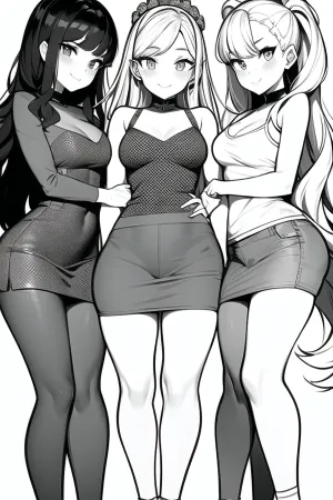 Una joven adulta creó una obra maestra usando el poder de sus mentes, con dos chicas jóvenes con pelo largo y pelo corto. Ambos llevan nada más que lencería negra y tienen sus manos en los pechos del otro. El lineart es tan realista