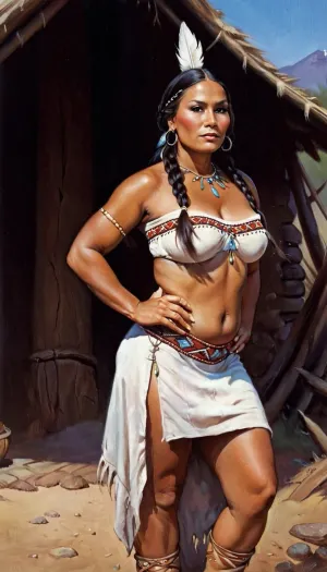 一个美丽而有才华的美国切罗基印第安人女子,身着传统的 s装,头发有辫子,乳房巨大,臀部宽广,以假发为她的杰作背景. 她的艺术是一部真正的杰作,抓住了精髓