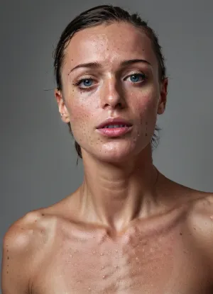 The AI generated a detailed and emotionally charged photo of a nude woman standing in front of a tall masculine androgynous man with angular face, wide mouth, and very fit body. The lighting was key light from the front, while the lighting was