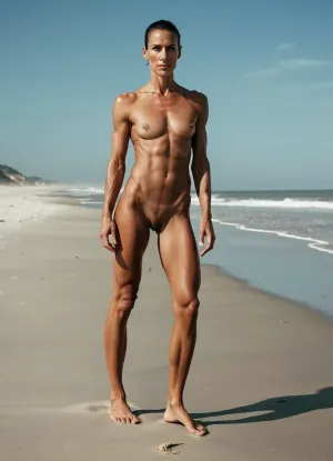 nude woman, (tall masculine androgynous tanned angular face ugly very fit body skinny, legs, very muscular calves), (40 years old), cold light, bright atmosphere, no shadows, beach