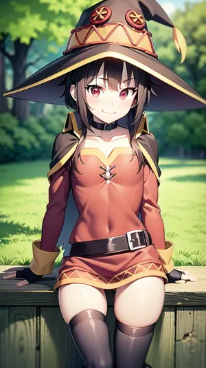 (masterpiece:1.2), best quality, masterpiece, highres, original, extremely detailed wallpaper, perfect lighting, (extremely detailed CG:1.2), perfect face, 1girl, Megumin, KonoSuba, (red eyes, hair, brown hair, choker, collarbone, hair with long locks, sidelocks, good hand, breasts, smile, smug, witch hat, black cape, black thighhighs, bandages, red dress, black gloves, single thighhigh, belt, orange boots, asymmetrical legwear, bandaged leg, long sleeves, fingerless gloves), meadow, flowers, tree, stone, 3frog, green slime, torn clothes, broken clothes, stick, stuff, <lora:Megumin1Ve:.5>