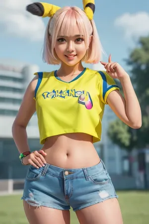 The young adult girl wore a Pikachu print outfit with a crop top and midriff, styled in an ultrarealistic way. Her bright colors on her face and high detail on her image quality made her look cute and adorable