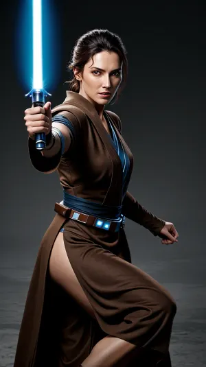 Jedi garb の女性は、彼女の lightaber と戦う、彼女の象眼細工のロワイヤルのジェディ ロブを写真に示す