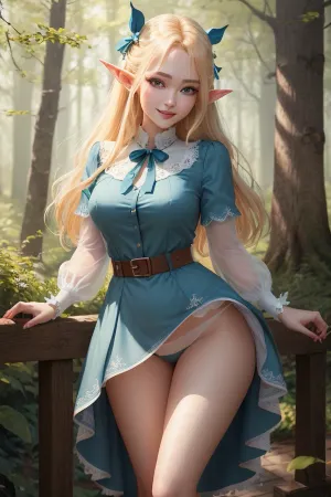 (masterpiece), (best quality), (ultra-detailed), (beautiful detailed face), (beautiful detailed eyes), (perfect hands), (perfect legs), 4 inch girl, 18 years old, korean elf girl, blond shirt hair, blue ribbon, sexual elf dress, smiling, elf forest, standing on knees, rubbing her crotch