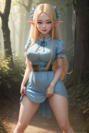 (masterpiece), (best quality), (ultra-detailed), (beautiful detailed face), (beautiful detailed eyes), (perfect hands), (perfect legs), 4 inch girl, 18 years old, korean fairy girl, blond shirt hair, blue ribbon, sexual elf dress, smiling, elf forest, standing on knees, rubbing her crotch