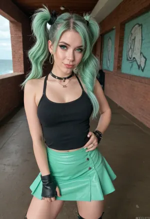 digital painting, anime style, seductive smile, rating_explicit, 1girl, woman, punk rocker bad girl, cute tall tall, large silver hoop earrings, scowling, outlandish, seductive costume design, 0.2, bombshell punk hair, pastel sea green hair, hair, Twist Ponytail, torn leather skirt, bombshell hair, subsurface scattering deep color, chartreuse hair, twintails, hourglass figure, caucasian, noon, (cum on face:1), facial, blow job, cum shot, <lora:Facials:.5>