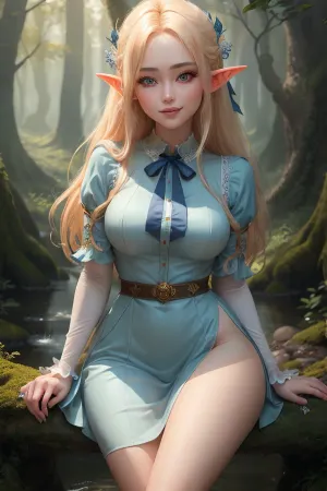 (masterpiece), (best quality), (ultra-detailed), (beautiful detailed face), (beautiful detailed eyes), (perfect hands), (perfect legs), 4 inch girl, 1 male, 18 years old, korean fairy girl, blond shirt hair, blue ribbon, sexual elf dress, smiling, elf forest, standing on knees, rubbing her crotch