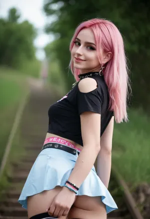 (view from below:1.6), (ass focus), (ass close-up:1.2), young beautiful 20 years old egirl, looking at the camera over her shoulder, (girl shows her ass), slender, thin waist, pink hair, bright egirl makeup, (youth clothing style, e-girl style, slim graphic T-shirt, microskirt, choker, jewelry, bracelet on the wrist, high socks), (no panties), smile, (highly detailed face:1.2), <lora:bottomheavy_v1_sdxl_tags:.5>