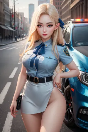 背中と笑顔の後ろに自分の手で警察の制服の前で立っている美しい18歳の韓国エルフの少女の超特急のAI生成傑作。 彼女のブロンドの髪は完全にスタイルされ、街道は詳細です、追加