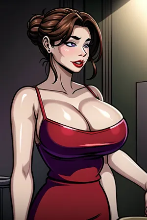 (masterpiece:1.5), (best quality:1.5), aesthetic, 1girl, sidelocks, cinematic lighting, sharp focus, large breasts, mature female, horny, 16k, glowing eyes, detailed 4k eyes, playground, seduction, sexy lips, parted lips, detailed lips, red lips, high detailed background, ((big purple eyes)), detailed face, shiny skin, auntjunev3, auntjune, hair bun, bangs, messy hair, dress, red dress, sleeveless dress, collarbone, nightgown, <lora:add_detail:1>, <lora:AuntJuneV3:.6>, <lora:akaburStyleLora_akaburAnythingV3Lora:.5>
