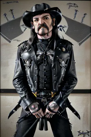 A AI gerou a imagem de Lemmy Kilmister com um stetson preto, camisa preta mangas compridas, jaqueta de couro preto, índice apontado para o espectador, em um cartaz preso em uma parede marcada suja. Altamente realista e ultra detalhado 8k
