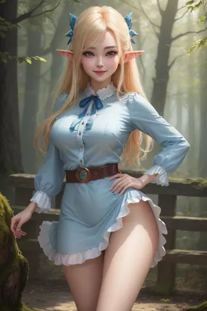 (masterpiece), (best quality), (ultra-detailed), (beautiful detailed face), (beautiful detailed eyes), (perfect hands), (perfect legs), 4 inch girl, 18 years old, korean fairy girl, blond shirt hair, blue ribbon, sexual elf dress, smiling, elf forest, standing on knees, rubbing her crotch