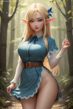 (masterpiece), (best quality), (ultra-detailed), (beautiful detailed face), (beautiful detailed eyes), (perfect hands), (perfect legs), 4 inch girl, 18 years old, korean elf girl, blond shirt hair, blue ribbon, sexual elf dress, smiling, elf forest, standing on knees, rubbing her crotch