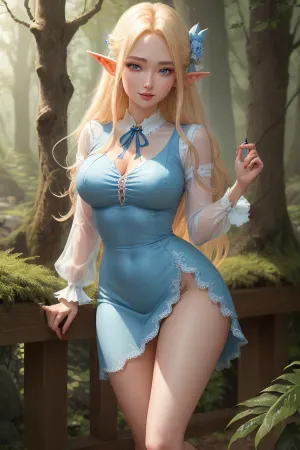 (masterpiece), (best quality), (ultra-detailed), (beautiful detailed face), (beautiful detailed eyes), (perfect hands), (perfect legs), 4 inch girl, 1 male torso, 18 years old, korean fairy girl, blond shirt hair, blue ribbon, sexual elf dress, smiling, elf forest, standing on knees, rubbing her crotch