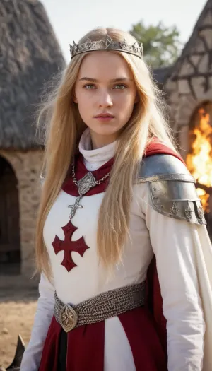 La giovane ragazza in abiti templari, con i suoi lunghi capelli biondi che fluiscono nel vento, si trovava prima del villaggio in fiamme. I suoi occhi erano grigi e decisi mentre lei aveva una spada e uno scudo per combattere contro i templari invadenti. Nonostante sia stato più numeroso