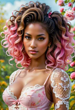 La joven con piel oscura y rizos de color brillante y rico era una visión de belleza. Su cara estaba formada como la de un ángel, con enormes ojos y una boca llena y pouty que la hizo parecer aún más besable. Sus labios