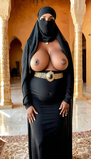 full body visible nude somali woman, Chubby, 28 years old, sexy pose, (wearing only a black niqab:1.4), (orgasming face:1.4), golden jewelry, Golden belt, inside a busy mosque, (huge breasts exposed:1.5), (pussy exposed:1.2)