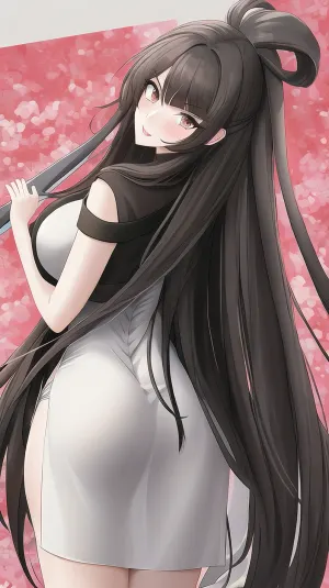 Высокая молодая девушка с длинными прямыми коричневыми волосами и большими и круглыми сиськими, большими круглыми сиськими и задницей. У нее высокие лаги и кривые тела