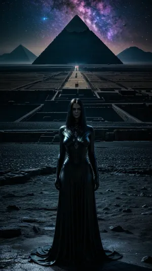 woman with naked tits, cosmic fractal galaxy, black background, bright stars and clusters, radiance, glitter and play of light, highly detailed image, saturated colors, ultrarealism, Panoramic shot, you can see everything, the pyramids are partially flooded, a beautiful and creepy world in which you want to stay, calling to yourself every night, An ancient alien world, scattered stars, nebulae and galaxies are visible in the sky, huge black pyramids towering over the landscape, black sand, the sea next to the pyramids, photography in full height, the whole body is visible, (pyramids of black obsidian:1.1), rays of light, light graphics, sacred geometry, surreal futurism, breathtaking full-length view, fine details, perfect lighting, (best shadow), A cinematic composition with bright colors and exquisite details, realistic lighting using a special light source that conveys the atmosphere. atmosphere. the intrigue and beauty of the night world, eerie and otherworldly mood, a sense of hidden mystery and danger in the shadows, 8K, UHD, the best quality, ultra-high definition, (UHD), hyperrealism and high dynamic range, (HDR), realistic lighting, unforgettable, impressive, breathtaking beauty, super-detail, the est details, high resolution, epic mysterious scene, super detail, the mood is creepy and otherworldly, with a sense of mystery and danger, A photograph of a dark and disturbing scenario influenced by the works of H.R. Giger and H.F. Lovecraft is a disturbing work of art, the landscape is dotted with black rocks, grotesque fantasies of H.R. Giger.