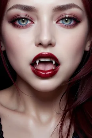 青い目と完璧な唇を持つ女性は、カメラの視線に輝く彼女の完璧な青い目で、吸血鬼でした。 彼女は彼女の犠牲者の首に噛むために使用した血の口と牙を持っていた、彼女の力に挑戦する誰もが挑戦
