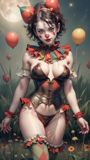 Uma mulher com olhos de lua cheia e orelhas apontadas está em um prado à noite, usando um espartilho de couro com guarnição de ouro e revelando seus mamilos molhados. Seu traje sedutor faz dela olhar sedutor para o espectador