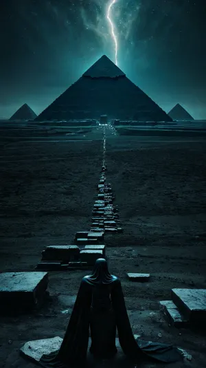 Eine Frau blickt am Nachthimmel auf und nimmt die majestätischen Pyramiden im Hintergrund