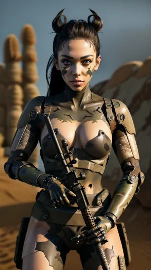 La femme sur la photo tenait une arme avec son bras, et elle était complètement nue. L'image avait un effet d'éclairage sombre, ce qui faisait qu'elle était debout devant un ciel de minuit