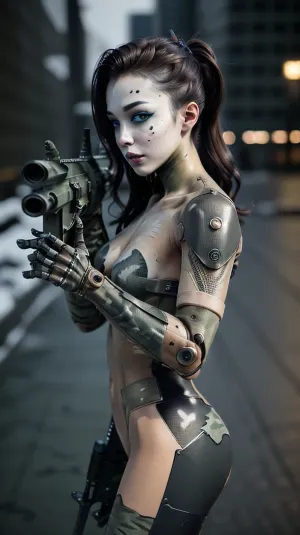 La femme se tenait au milieu du champ de bataille, son seul bras complètement nu et tenant une arme. Elle était maître de son métier, utilisant son cyberbras pour accomplir les tâches avec une efficacité maximale. Sa vue portrait était magnifique, montrant son corps parfait