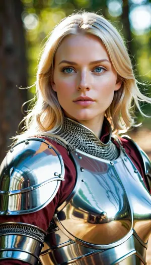 Une femme dans une armure de style médiéval, avec une armure plaquée lourde et un bouclier, est représentée sur une photo détaillée et impressionnante