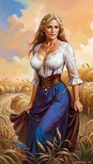 穿着中世纪的棕色裙子,50岁的农妇胸部巨大,臀部宽阔,白色上衣在田间工作. 她有一个50岁的成熟女人 乳房巨大 臀部宽 头发金发和毛发