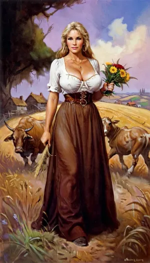 身着中世纪棕色裙子,胸衣,白色上衣,领带,金发和大乳房的女农民,与小儿子一起在田里工作. 她的臀部和臀部都很粗糙