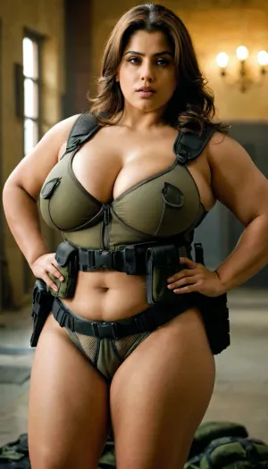 Fat woman, military, SWAT, topless, <lora:189970_training_data:.5>, <lora:LiminalSpace:.5>, <lora:BSGsuitXL:.5>, ، persian woman, huge boobs، huscle